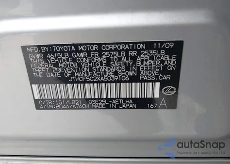 2010 Lexus Is 250 z USA, uszkodzony, nr VIN JTHCF5C2XA5039106